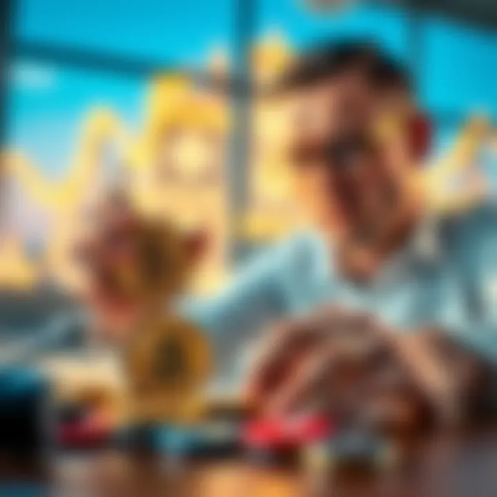 A person examining Bitcoin and Ethereum coins on a table, while looking unsure about other altcoins.