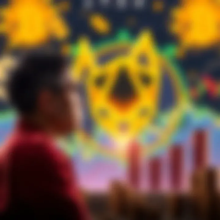 A person contemplating investment in cryptocurrency with ATOM logo in the background, surrounded by charts and money symbols.