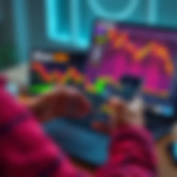 A person looking at a Bitcoin chart on a laptop while holding a smartphone with investment apps open.