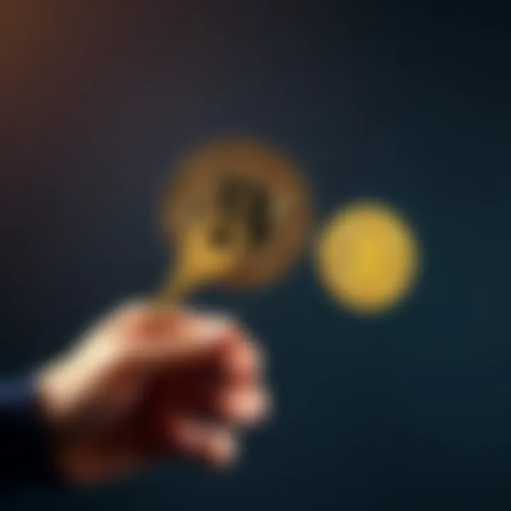 A person holding a house key in one hand and a Bitcoin in the other, symbolizing the choice to take a loan for cryptocurrency investment.