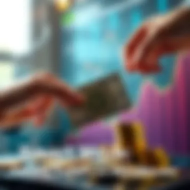 A person exchanging dollars for Bitcoin with coins and a graph showing growth in the background