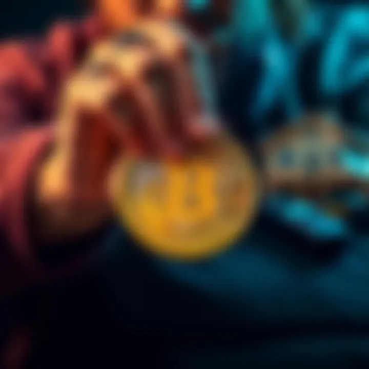 A person holding a Bitcoin symbol surrounded by sold assets like a car and house keys