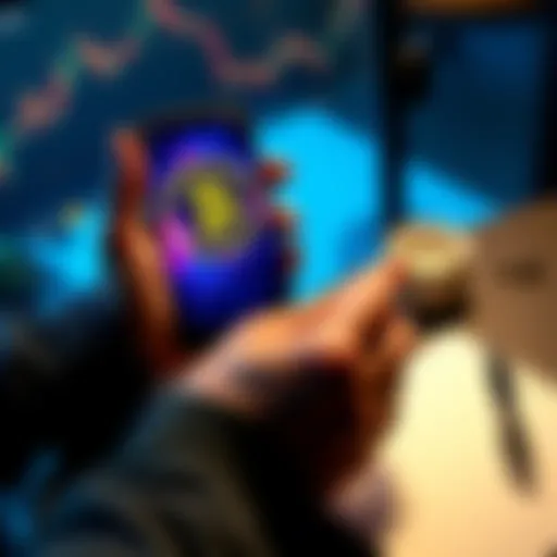 A person holding a smartphone displaying Bitcoin prices, contemplating investing, with a notebook and pen nearby for notes.