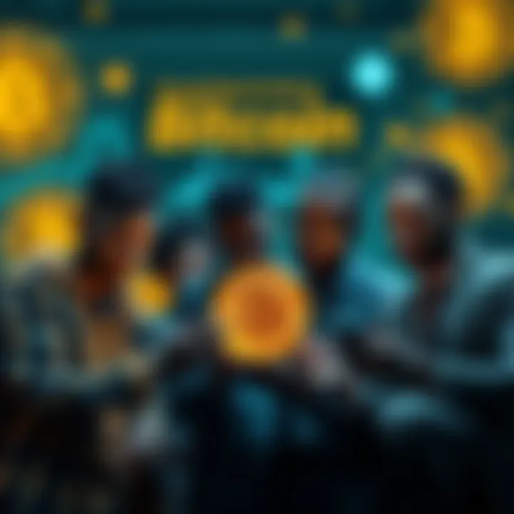 Investing in Bitcoin A diverse group of people examining Bitcoin investment opportunities together, with digital graphics of Bitcoin symbols in the background.