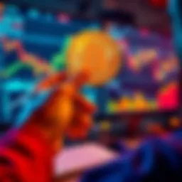 A person holding a Bitcoin symbol while looking at a computer screen showing cryptocurrency graphs