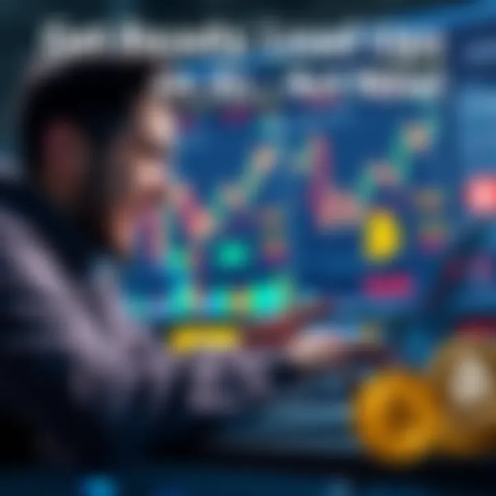 A person excitedly looking at Bitcoin prices on a laptop, planning to invest, with charts and coins visible in the background