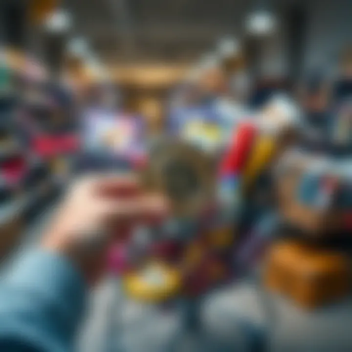 A person holding a Bitcoin symbol with a shopping cart filled with unwanted items in the background