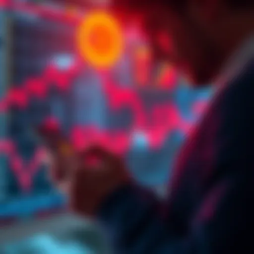 Investing in Bitcoin in Red Months A person looking at a chart showing Bitcoin prices with red down arrows, symbolizing market drops, while holding a smartphone and contemplating investment decisions.