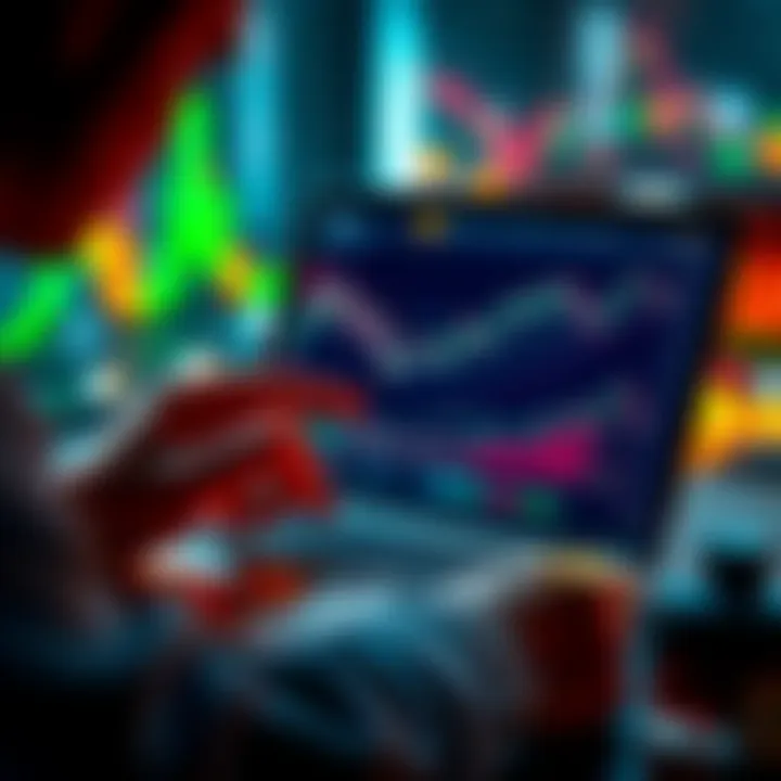 A person analyzing cryptocurrency prices on a laptop, with graphs showing BTC, ETH, and SOL trends