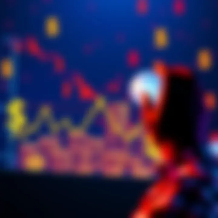 A person examining a graph showing the rise and fall of $KAS with dollar signs and coins around them