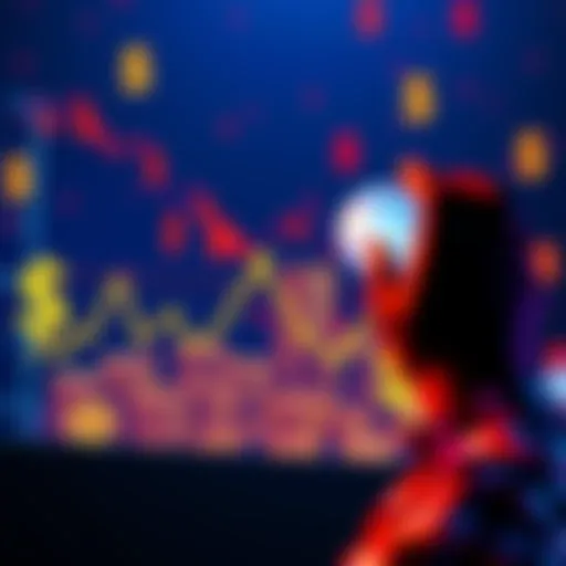 Investing in KAS A person examining a graph showing the rise and fall of $KAS with dollar signs and coins around them