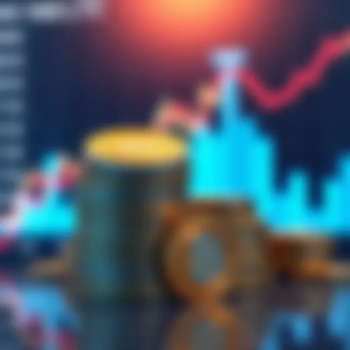 A stack of Litecoin coins with a financial chart in the background showing upward trends