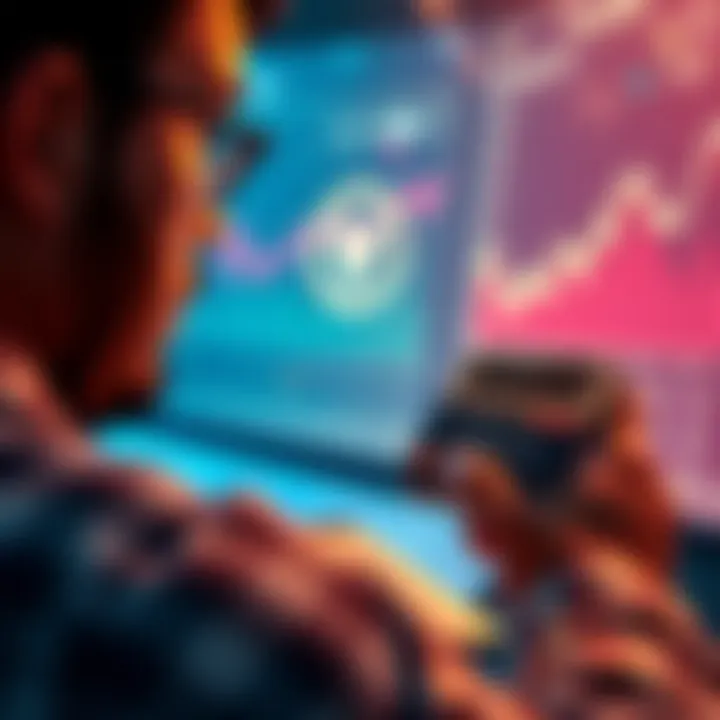 A person analyzing Monero coins with a calculator and charts showing positive trends