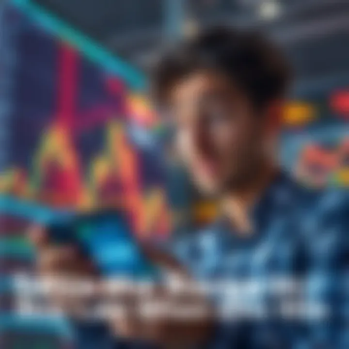 A person looking at stock market graphs with a worried expression, while holding a phone showing a dropping stock price