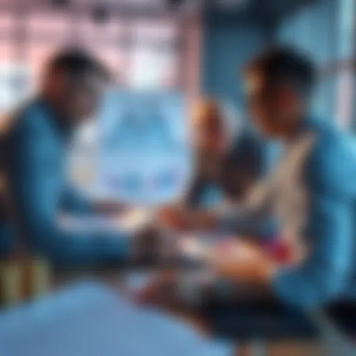 People discussing investment strategies with charts and graphs on a table