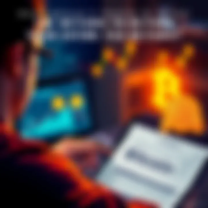 A person contemplating investment with a laptop displaying Bitcoin symbols and a tax return document