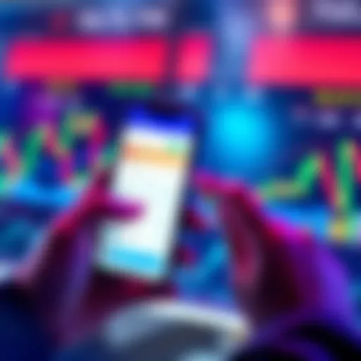 A person checking investment options on the Revolut app on their smartphone, with financial charts visible in the background