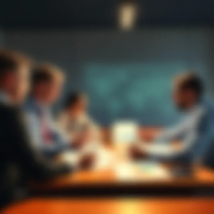 Group of financial experts discussing investment strategies at a table with charts and graphs