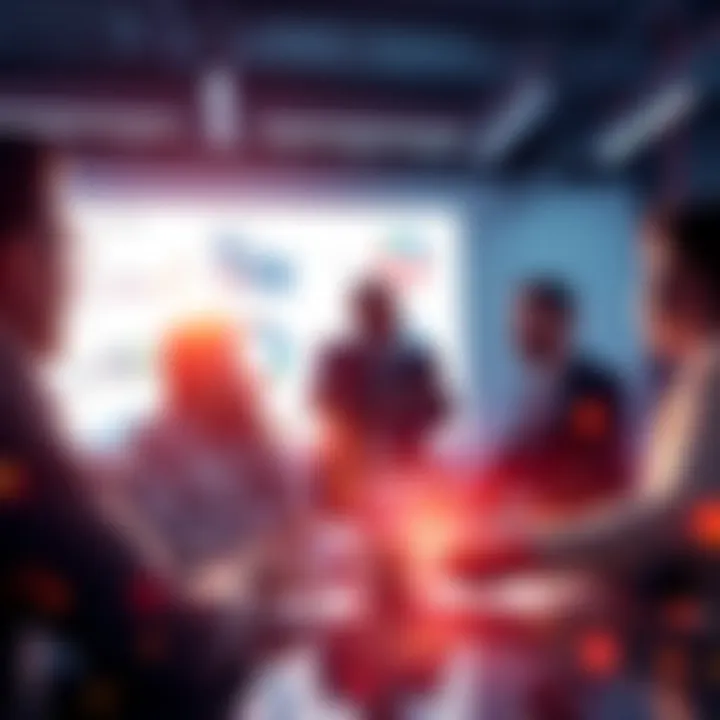 Business professionals discussing investment strategies with charts and graphs related to Crescendo