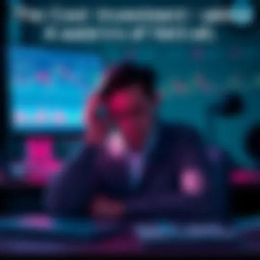A person sitting at a desk looking worried, with charts showing losses on a computer screen, reflecting on a bad investment decision in cryptocurrency.