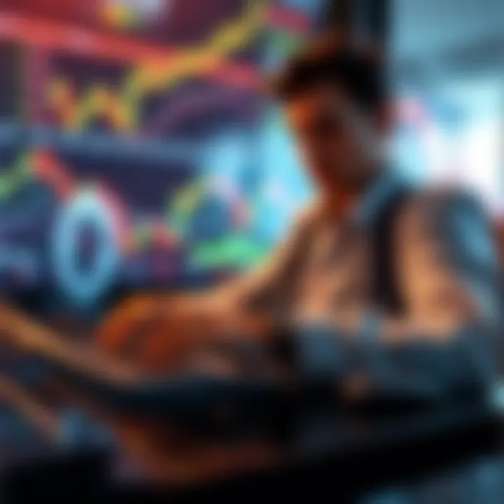 A person analyzing stock market data on a laptop with financial charts in the background