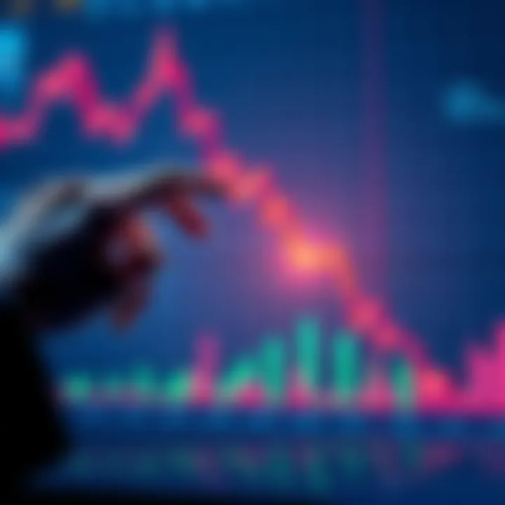 A downward trending investment chart with a hand reaching to buy at the low point, symbolizing the strategy of buying the dip.