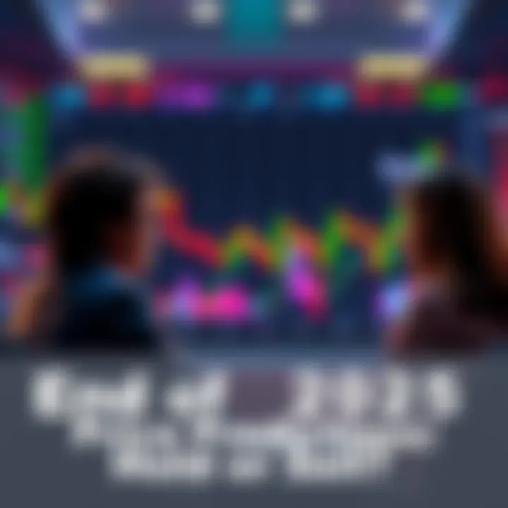 A graphic showing people debating whether to hold or sell their investments before the end of 2025, with financial charts in the background.