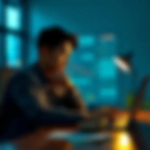 A thoughtful person sitting at a desk with a laptop and money, contemplating investment decisions