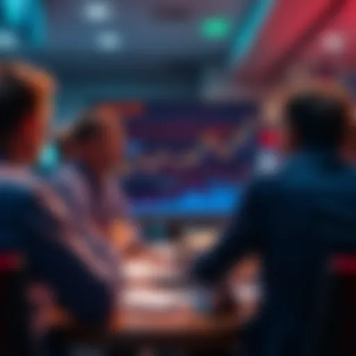 People discussing investment strategies on a forum, with charts and graphs visible on a screen