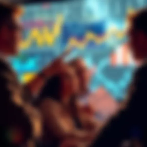 A group of investors discussing strategies, focusing on amount invested rather than profits, with financial charts and graphs in the background.