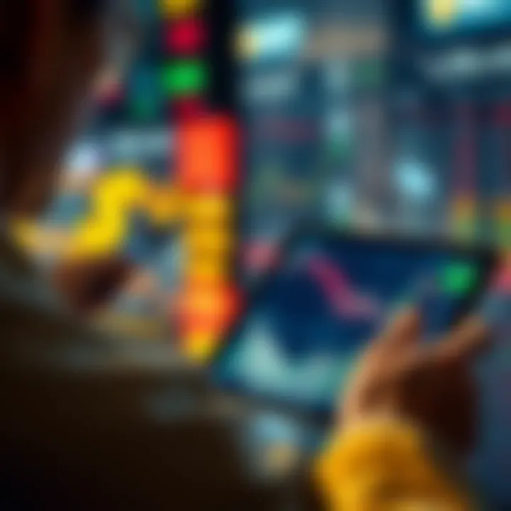 A person looking at stock market graphs on a tablet, showing a dip in values, with a dollar sign next to it.