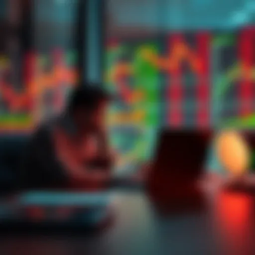 Person reflecting on investment mistakes A person sits at a desk with a laptop, looking concerned while reviewing stock charts, symbolizing the impact of emotional investing decisions.