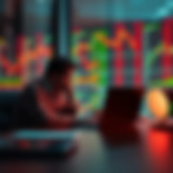 Person reflecting on investment mistakes A person sits at a desk with a laptop, looking concerned while reviewing stock charts, symbolizing the impact of emotional investing decisions.