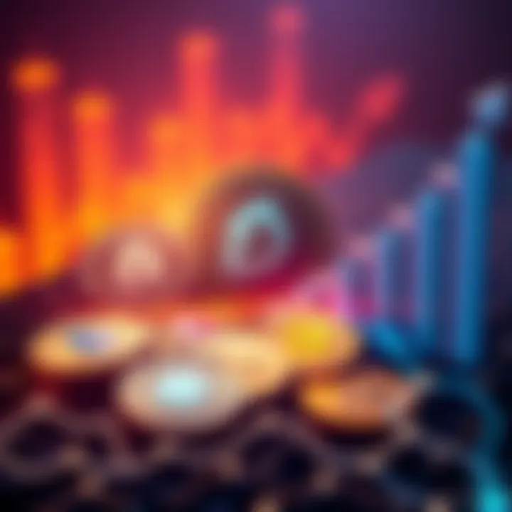 A visual representation of cryptocurrency coins with symbols for FET, ONDO, SUI, RNDR, and ARB, alongside a dollar sign and a rising graph.