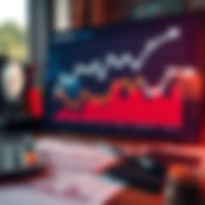 Investment Predictions Concept A graph showing fluctuating investment prices with arrows indicating prediction trends, alongside a calculator and research papers on a desk.