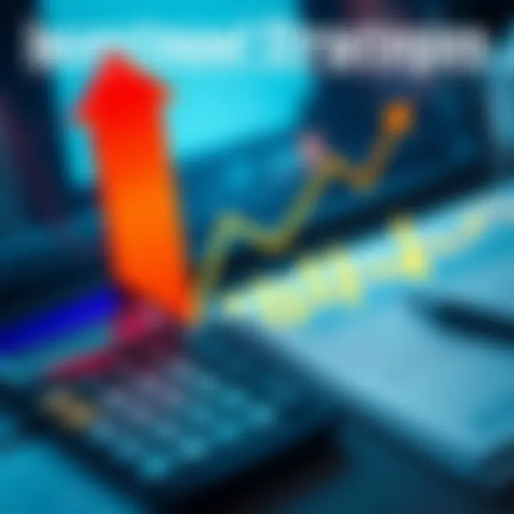 A graph showing market fluctuations with arrows indicating investment dips and rises, alongside a calculator and financial papers.