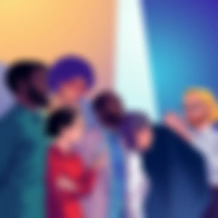 Illustration of diverse people sharing tips on investment strategies with a focus on Dollar-Cost Averaging.