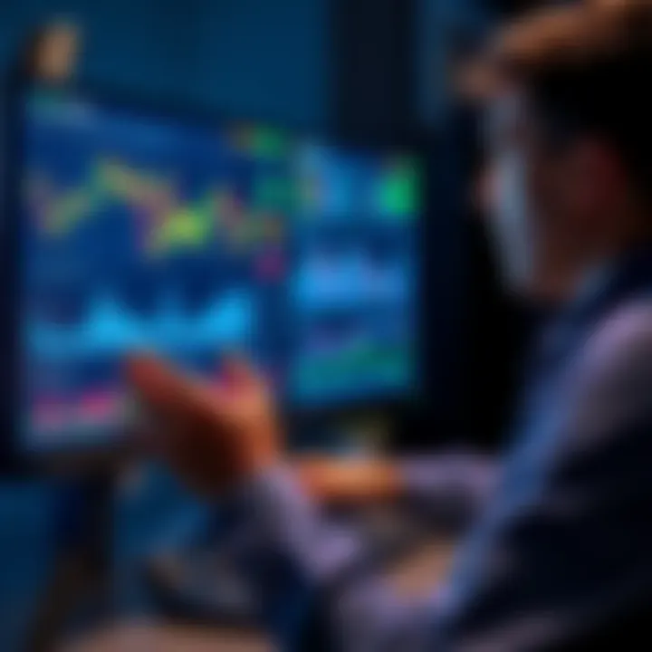 A person analyzing stock market data on a computer screen with charts and graphs, discussing investment strategies.