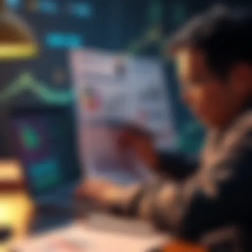 An investor examining various cryptocurrency project charts and documents on a laptop, looking focused and engaged in analysis.