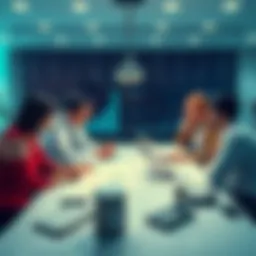 A diverse group of financial experts discussing investment strategies at a table with charts and graphs.