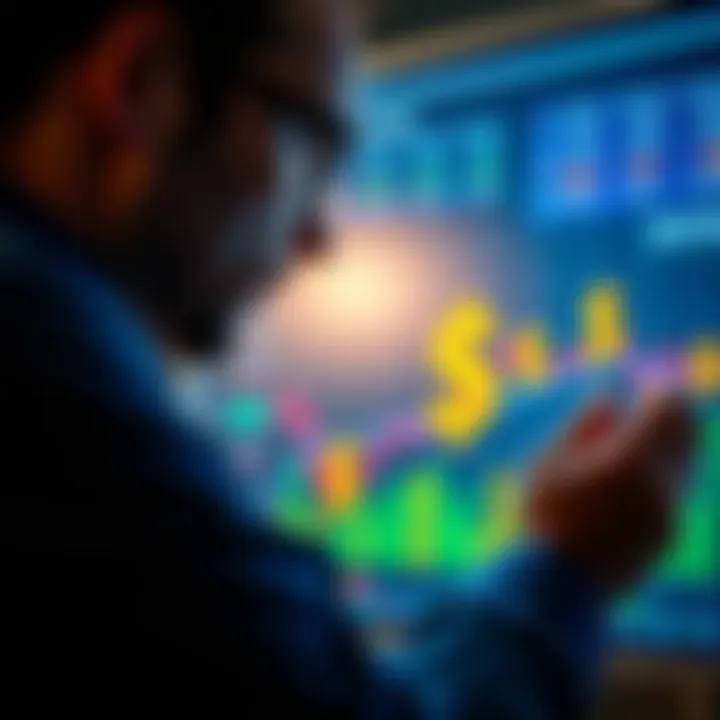 Investment Strategy with DCA A person analyzing a chart with dollar signs to illustrate dollar-cost averaging in investing