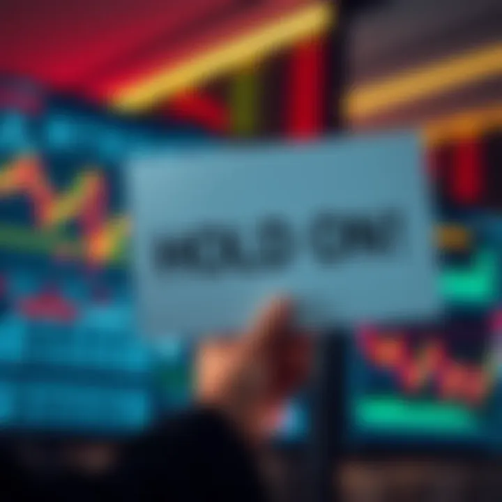 A person holding a sign that says 'Hold' while looking at stock market charts on a screen