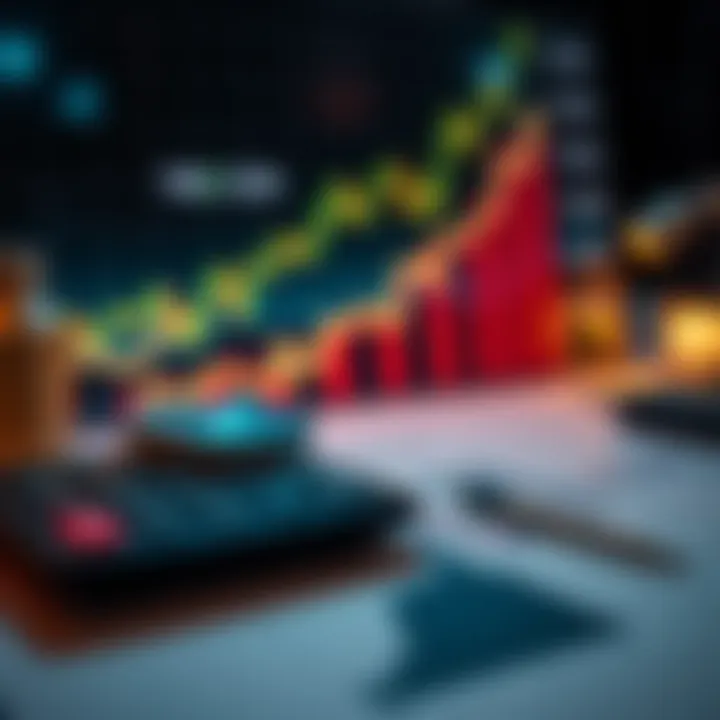 A financial graph showing upward trends with a calculator and investment charts on a desk.