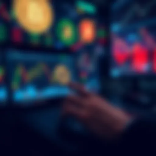 A person analyzing charts and graphs on a laptop, with images of Bitcoin and stock market symbols in the background.