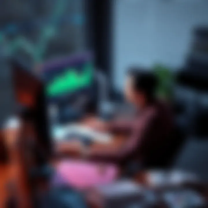 A person sits at a desk looking at a chart on a computer, pondering their investment decisions and timing, with financial documents scattered around.