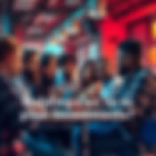 Investments Discussion A group of diverse people talking about investment strategies and market trends in a lively setting.