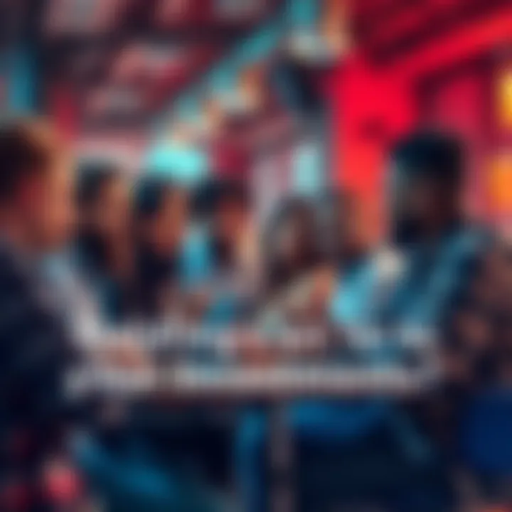 Investments Discussion A group of diverse people talking about investment strategies and market trends in a lively setting.