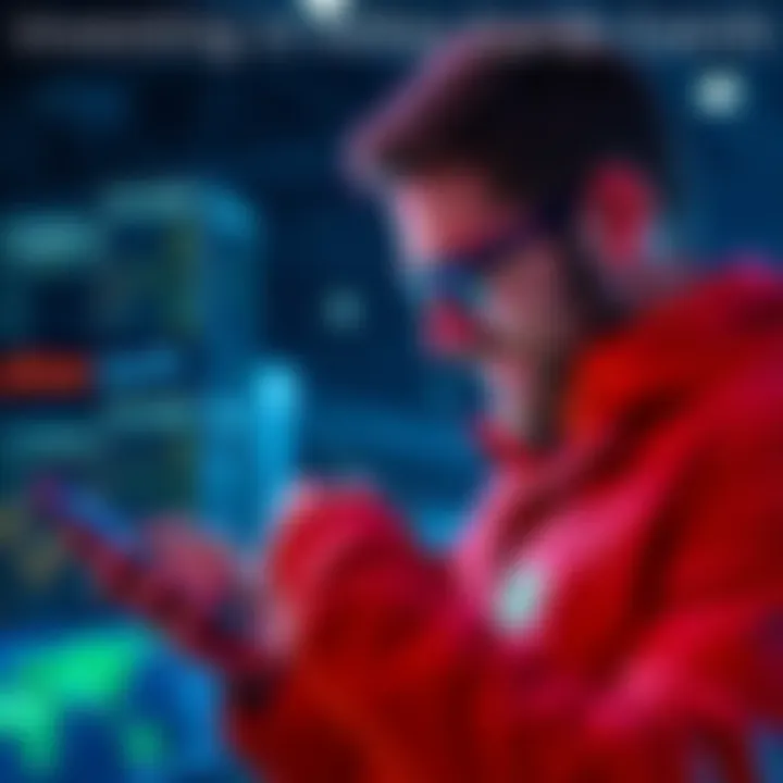 Investor looking at his virtual land holdings on a phone, showing excitement about his Atlas Earth investment