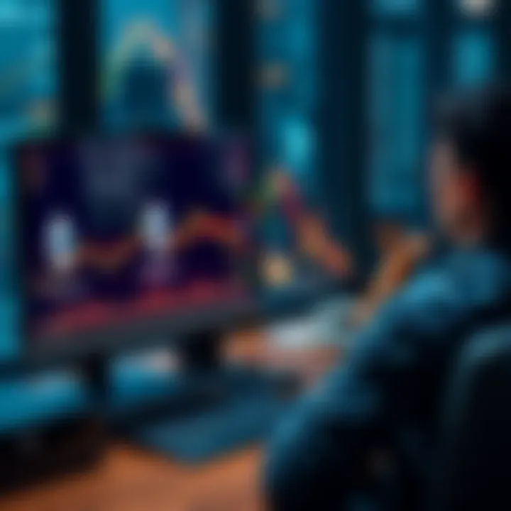 A person sits at a computer, analyzing cryptocurrency charts with Ethereum logos on the screen, reflecting a market dip due to geopolitical tensions.