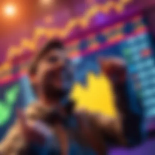 Investor celebrating cryptocurrency gains A person smiling and celebrating in front of a digital screen displaying rising cryptocurrency prices.